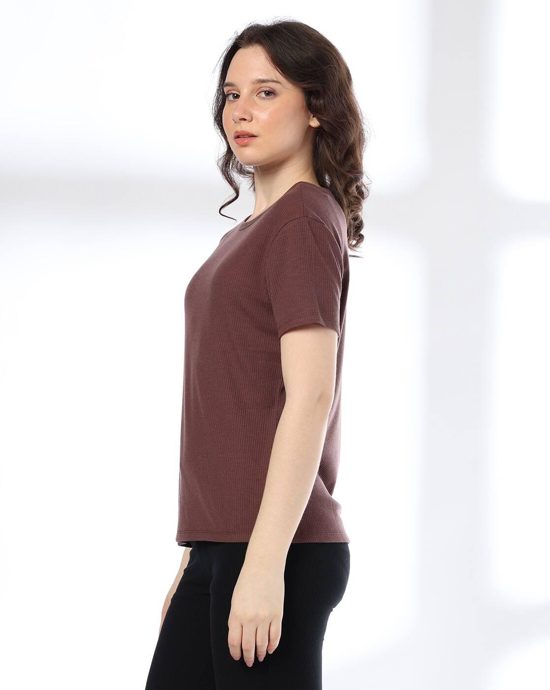 Women Ribbed Relaxed Fit Round-Neck T-Shirt