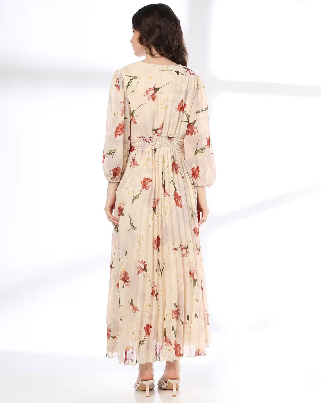 FULL SLEEVES PLEATED DRESS, BEIGE, M