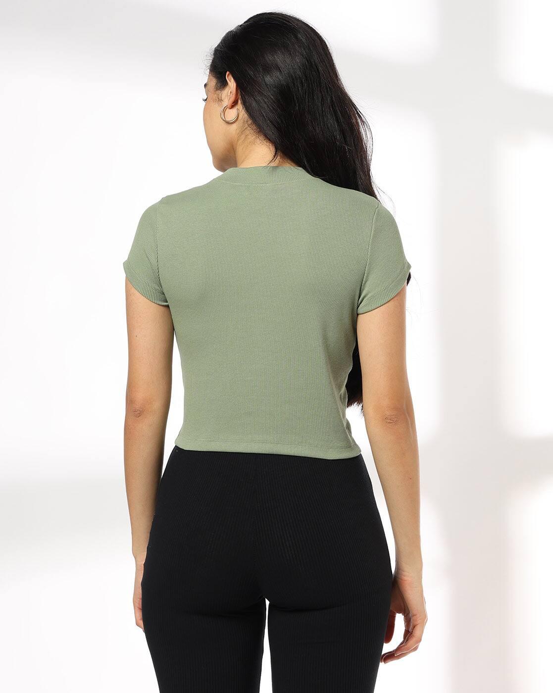 Women Ribbed Mock-Neck Slim Fit T-Shirt