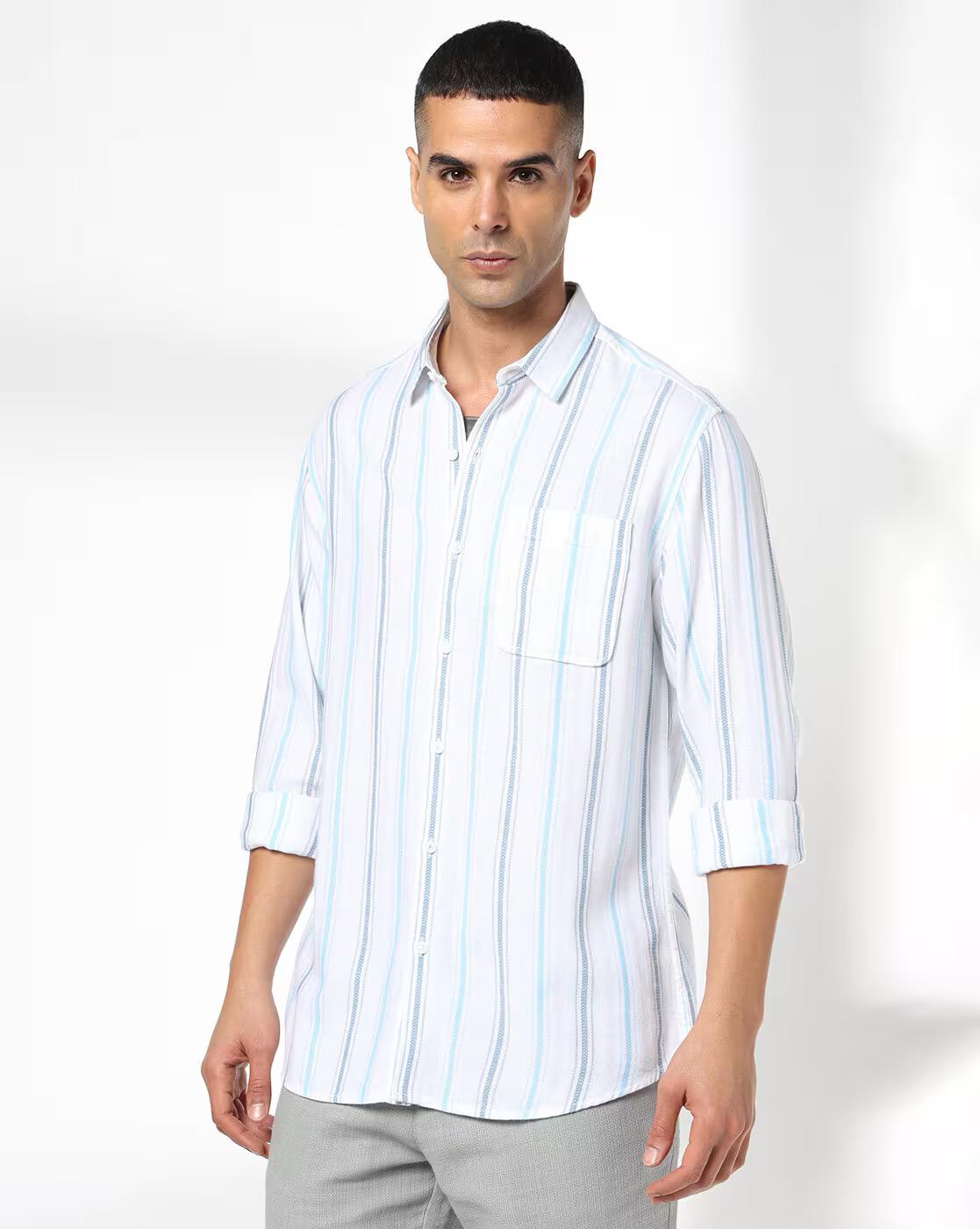 Men Striped Slim Fit Shirt with Patch Pocket