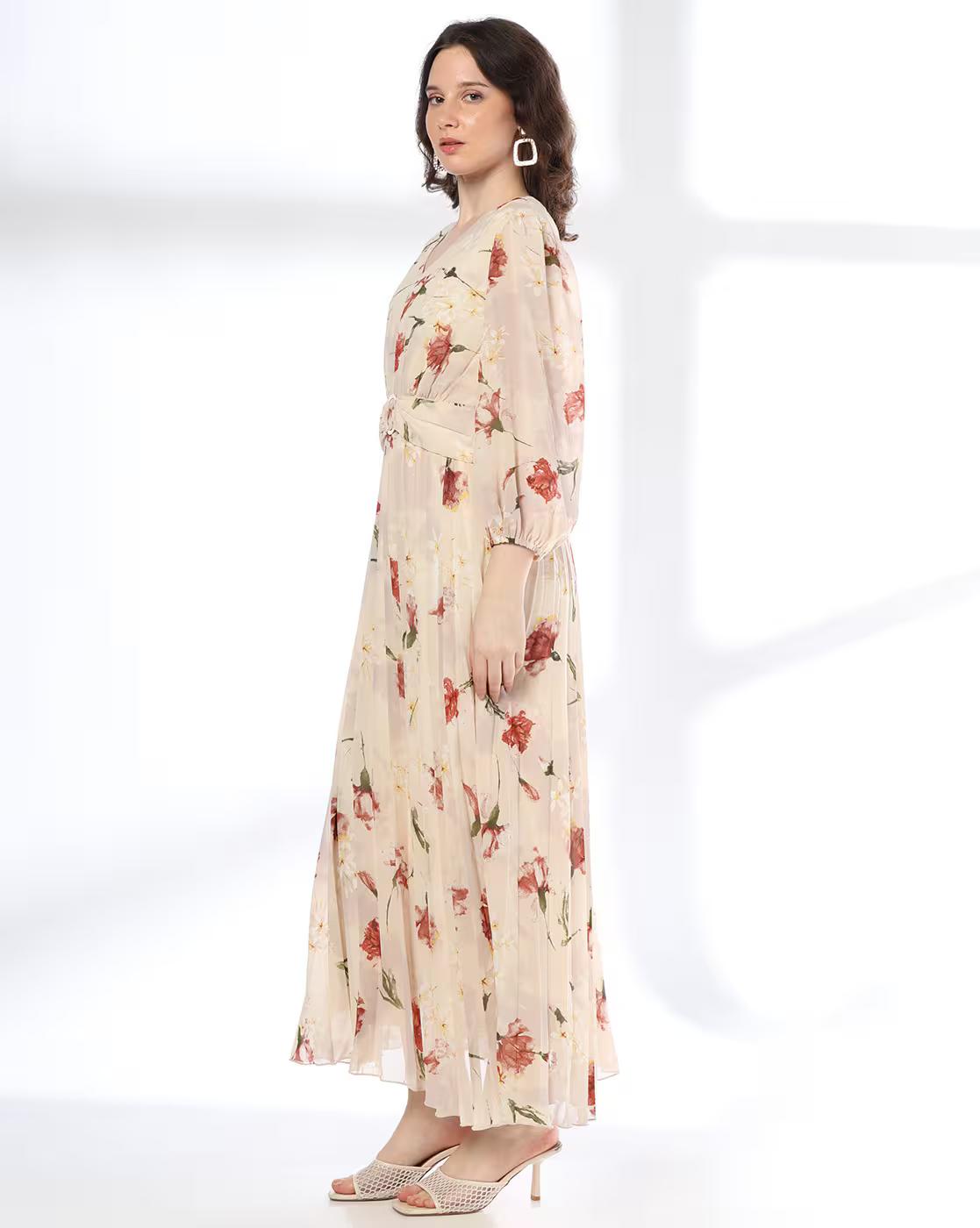 FULL SLEEVES PLEATED DRESS, BEIGE, M