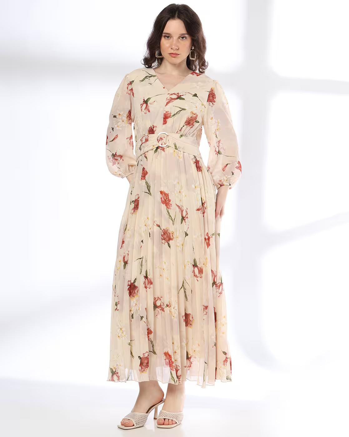 FULL SLEEVES PLEATED DRESS, BEIGE, M