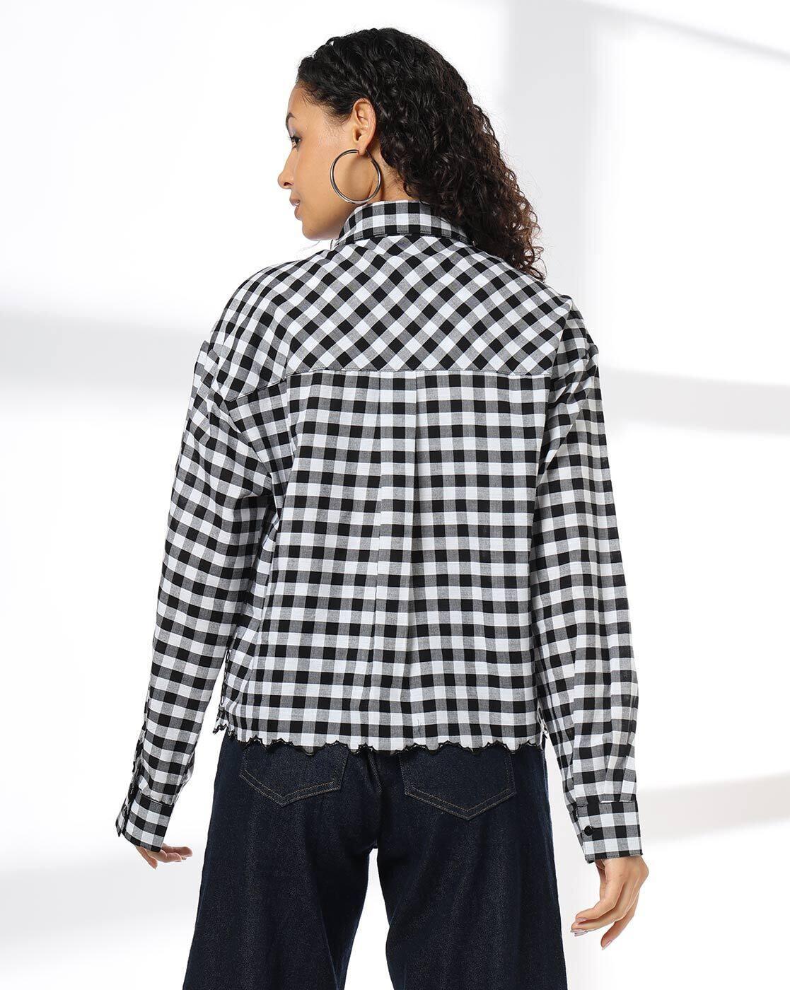 Check shirt with scallop schif, BLACK, L