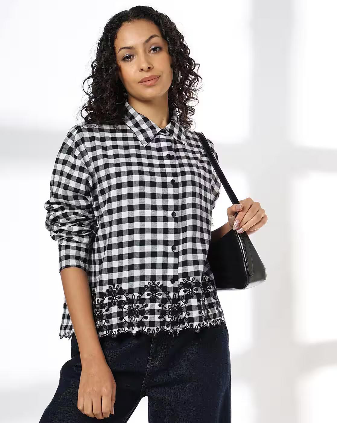 Check shirt with scallop schif, BLACK, L