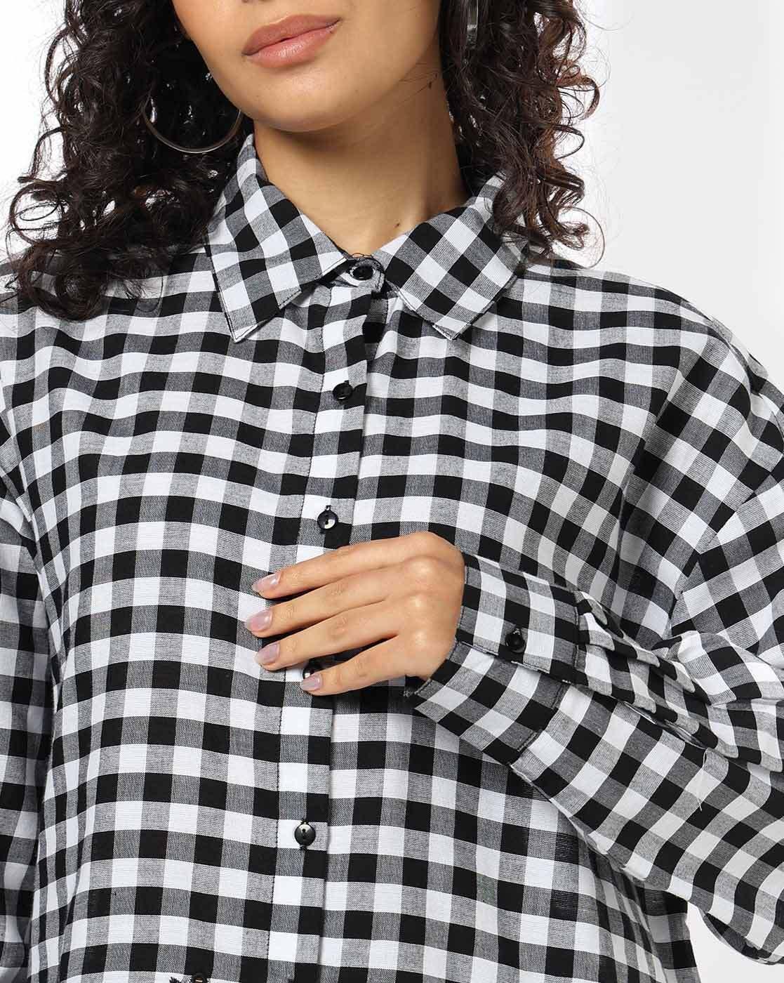 Check shirt with scallop schif, BLACK, L
