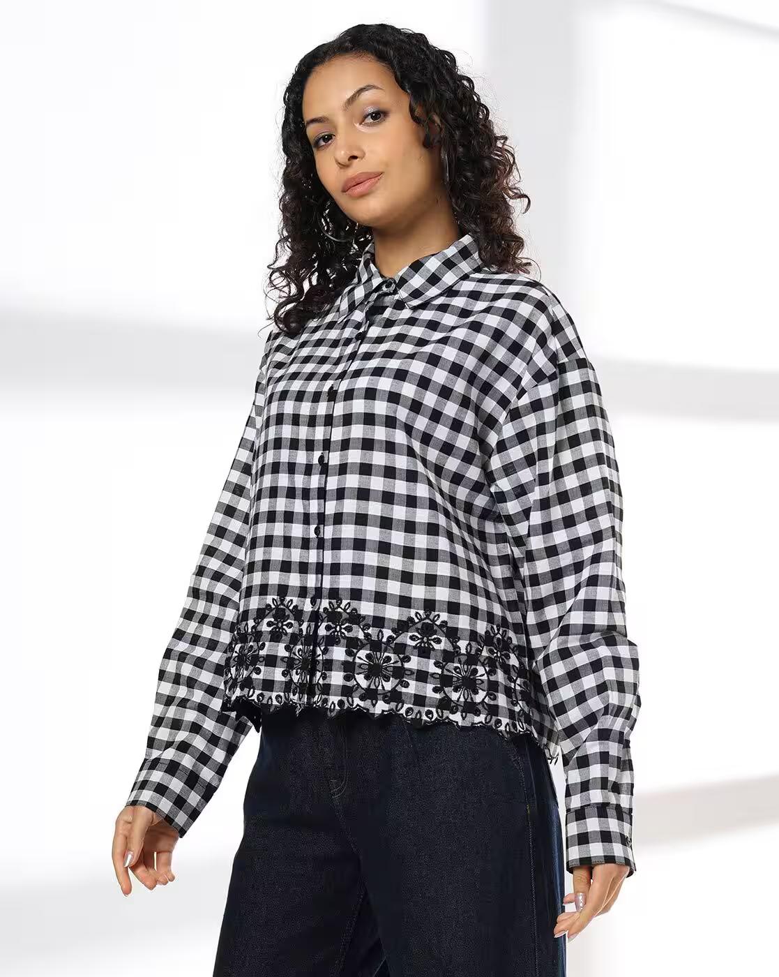 Check shirt with scallop schif, BLACK, L