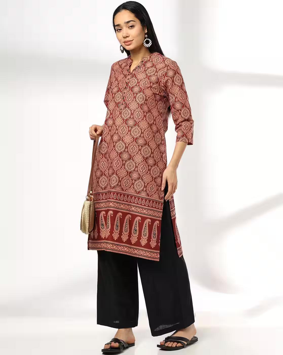MANDERIN COLLAR HEM PRINTED KUR, RUST, L