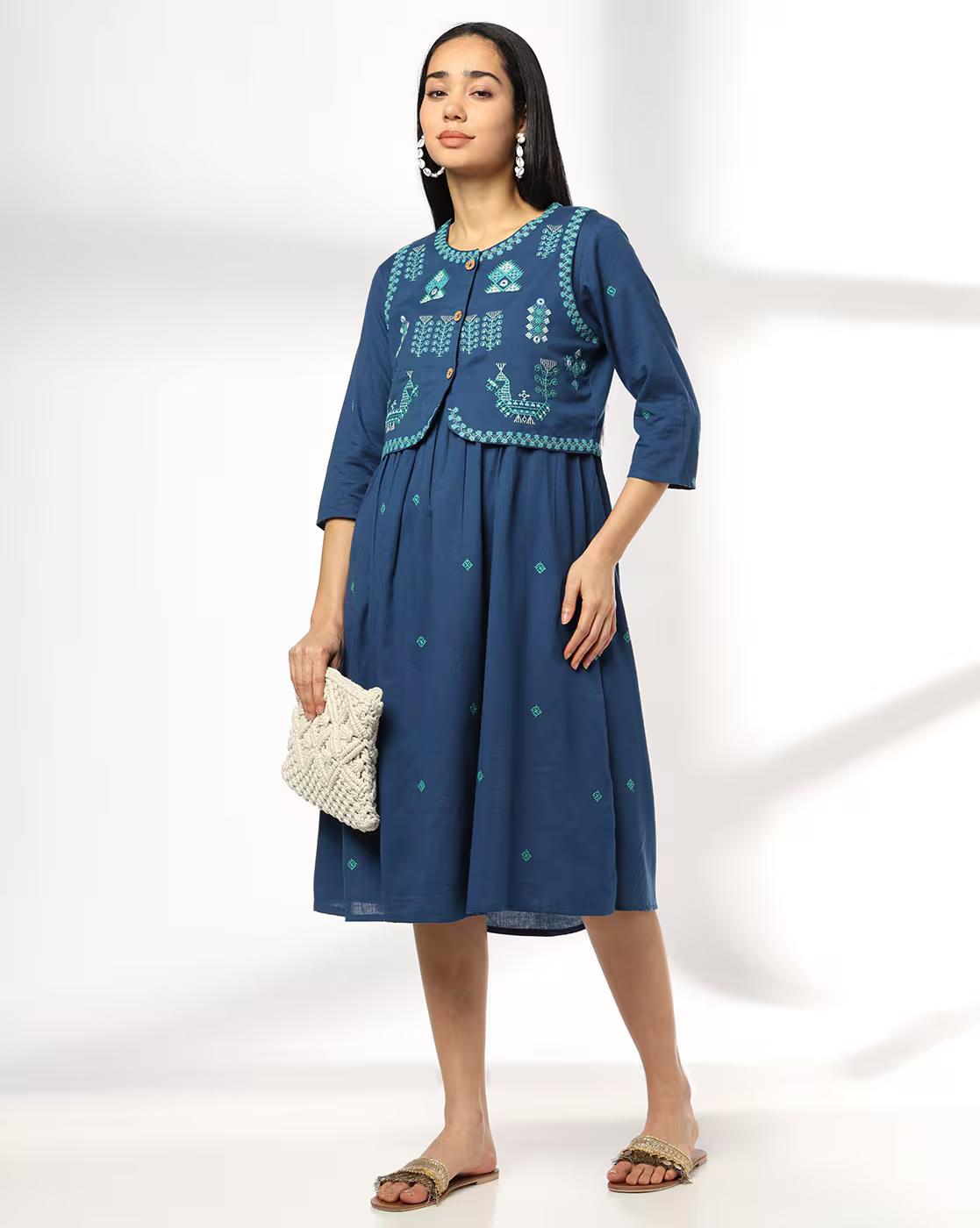 Women All-Over Embroidered A-Line Dress with Jacket