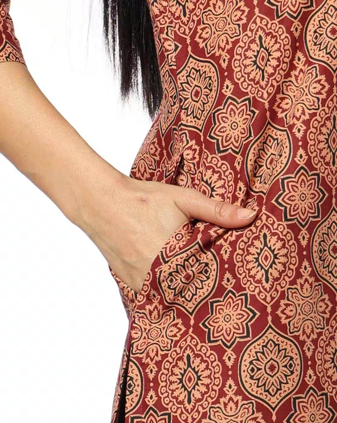 MANDERIN COLLAR HEM PRINTED KUR, RUST, L