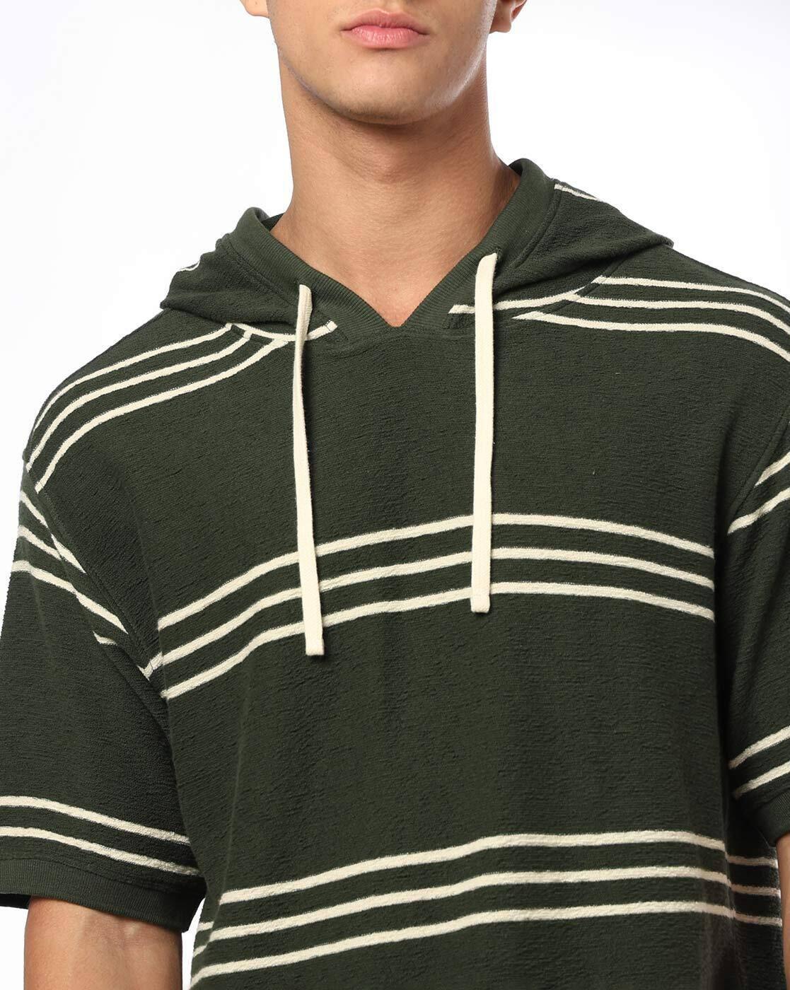 Men Striped Relaxed Fit Hooded T-Shirt