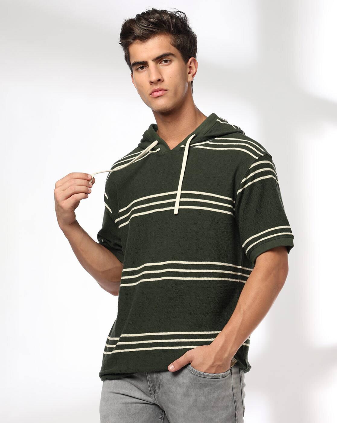 Men Striped Relaxed Fit Hooded T-Shirt