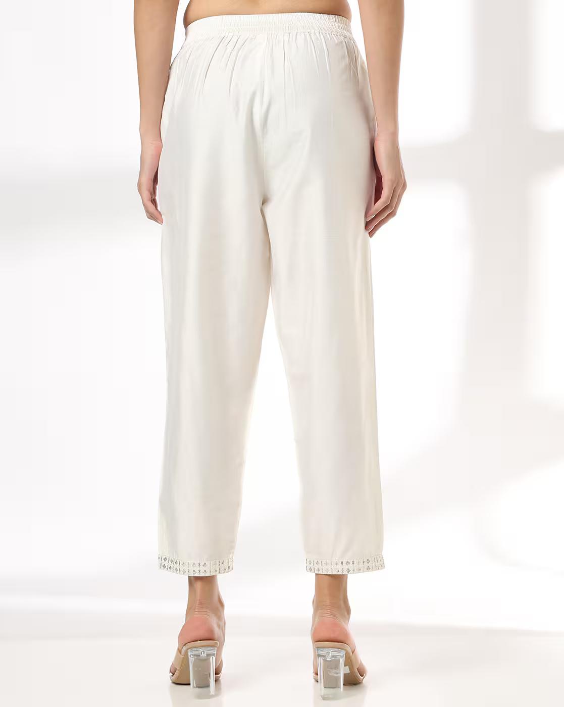 Women Straight Fit Pants with Embroidered Hem