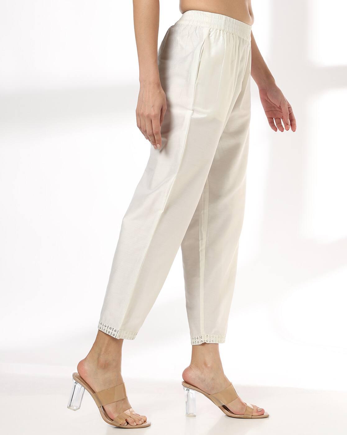 Women Straight Fit Pants with Embroidered Hem