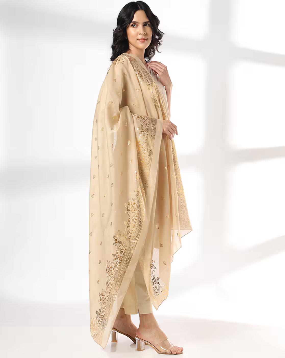 PRINTED POLY CHANDERI DUPATTA, GOLD, FS