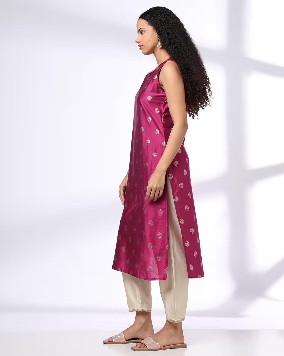 Women Floral Woven Straight Kurta with Pants