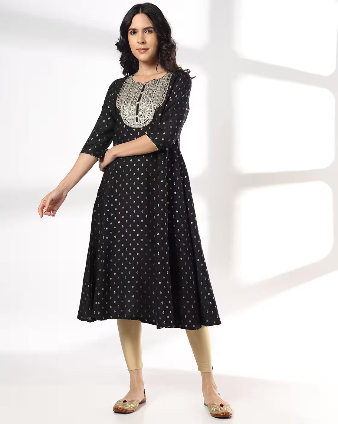 EMB FESTIVE KURTA, BLACK, S