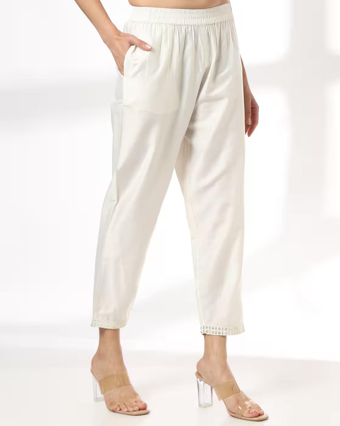 Women Straight Fit Pants with Embroidered Hem