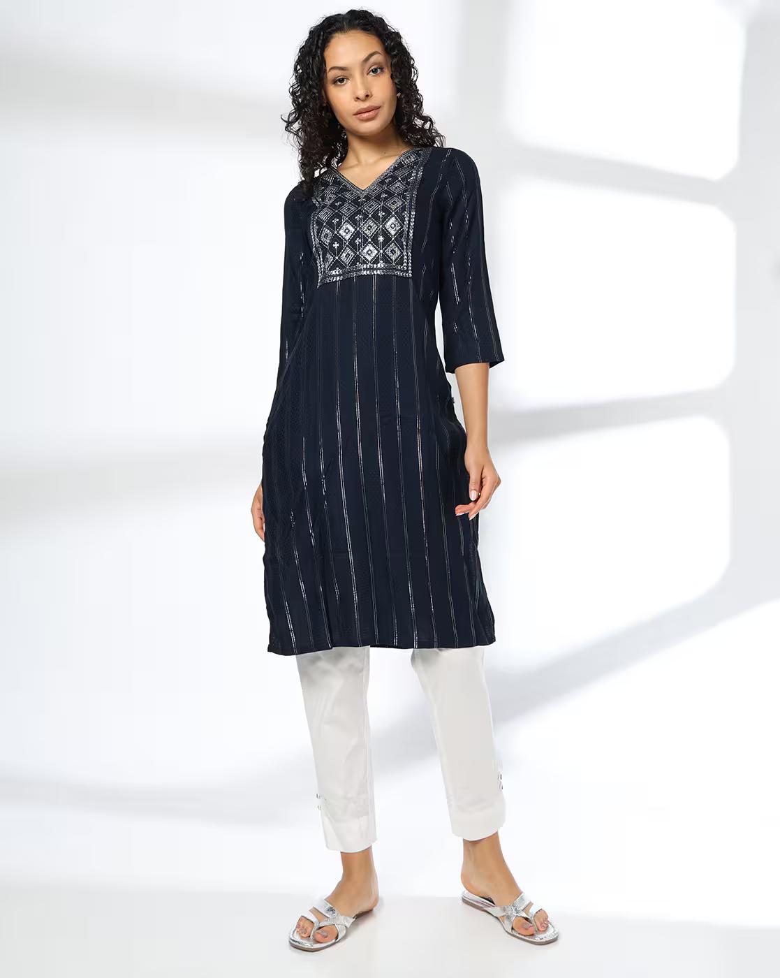 LUREX DOBBY LINES EMB YOKE KUR, NAVY, XS