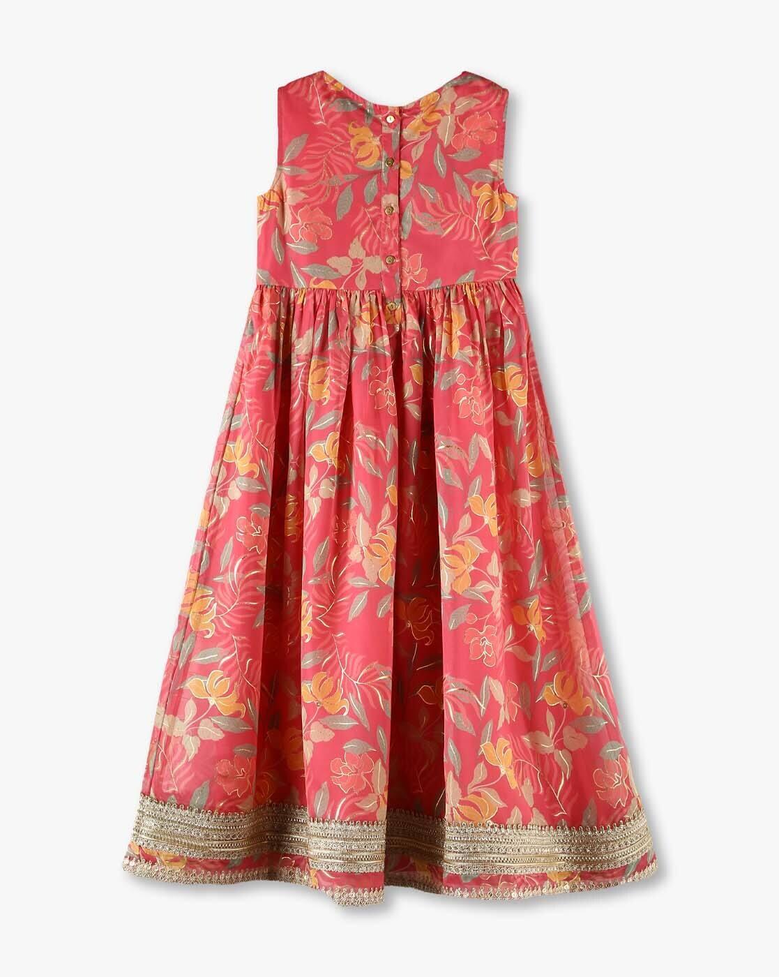 Girls Floral Print V-Neck Dress