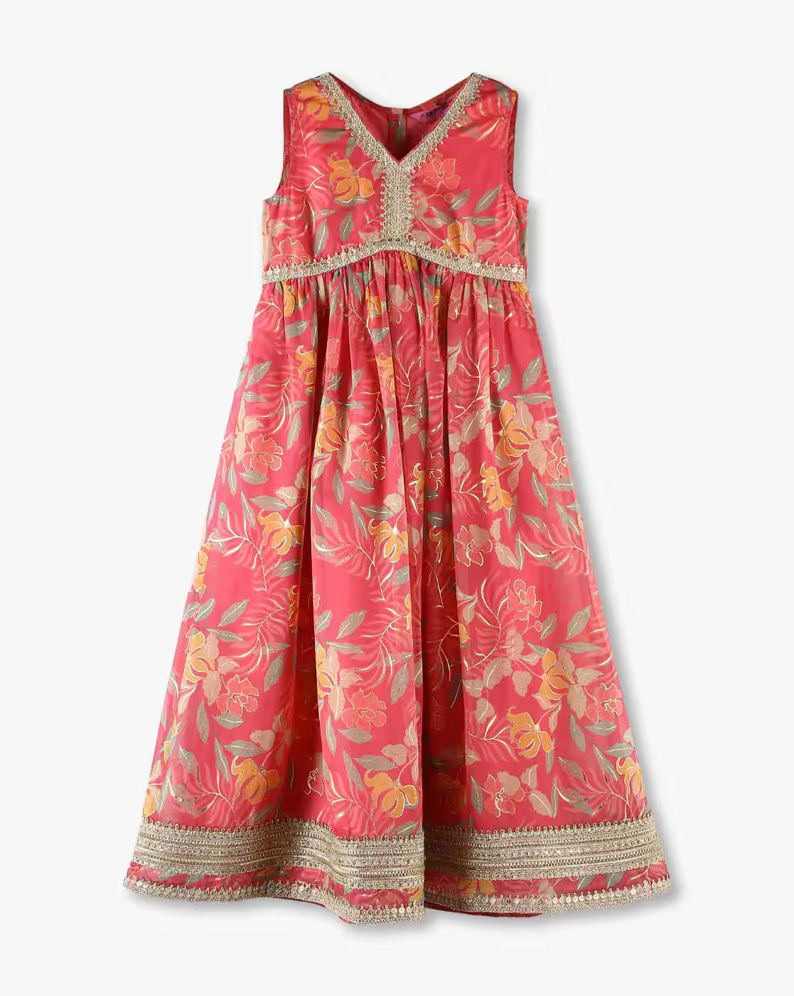 Girls Floral Print V-Neck Dress