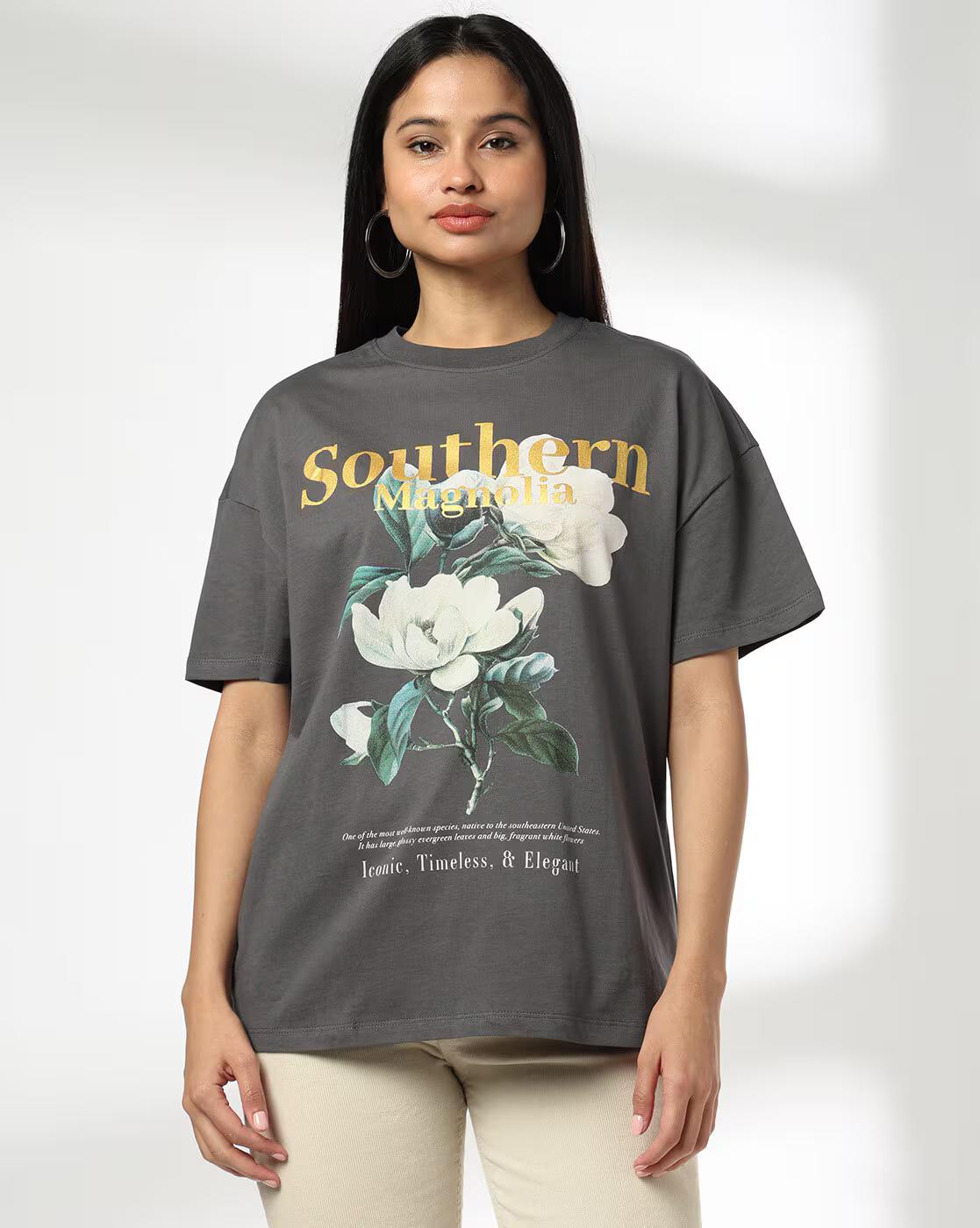 Women Mangolian Print Oversized Round-Neck T-Shirt