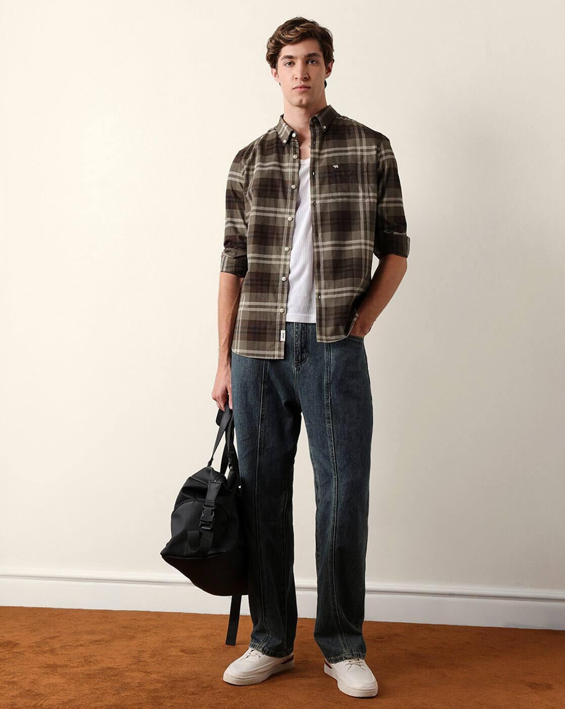 Men Cotton Woven Checked Sli, OLIVE, 3XL