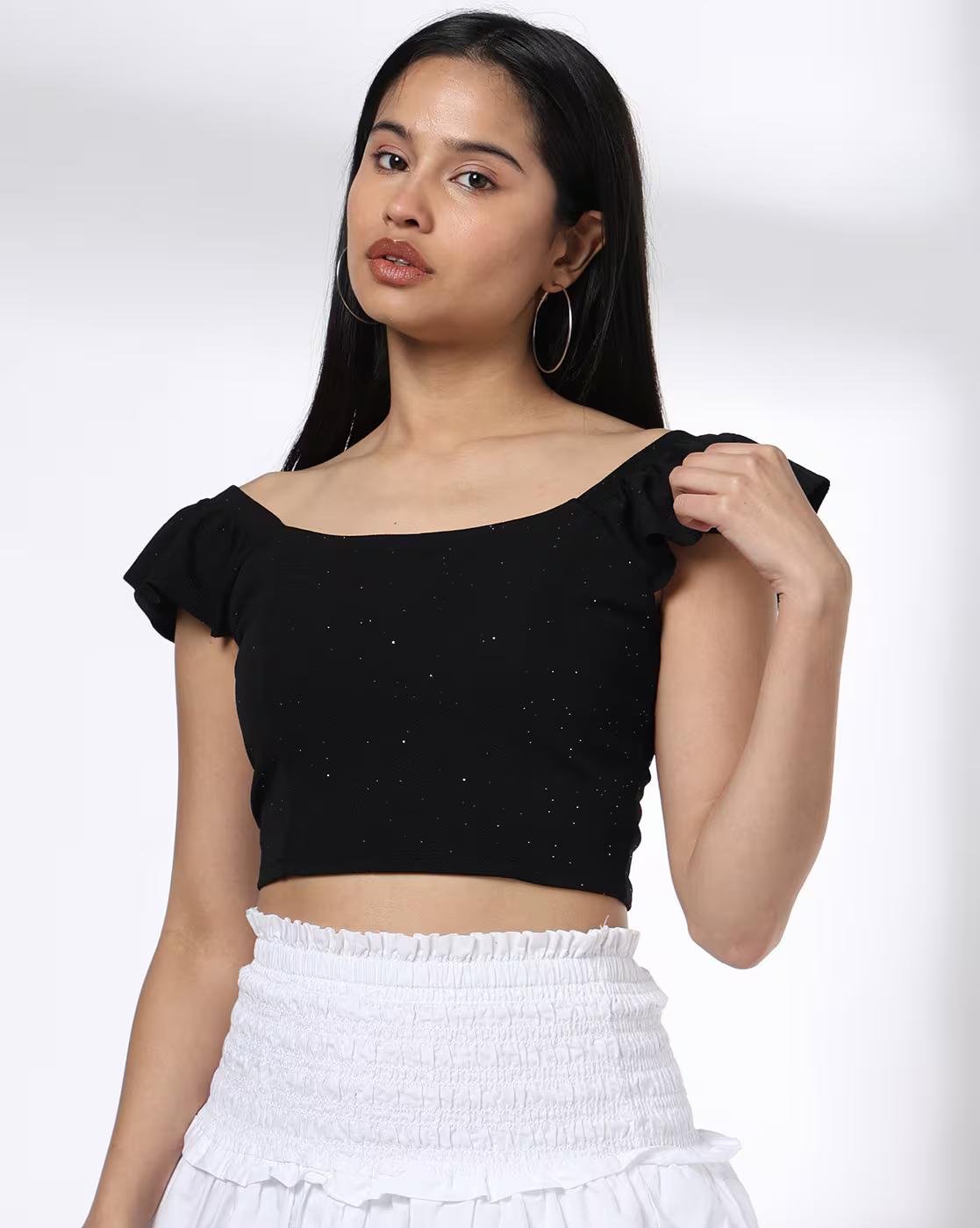 RUFFLE DETAIL GLITTER RICE KNI, BLACK, M
