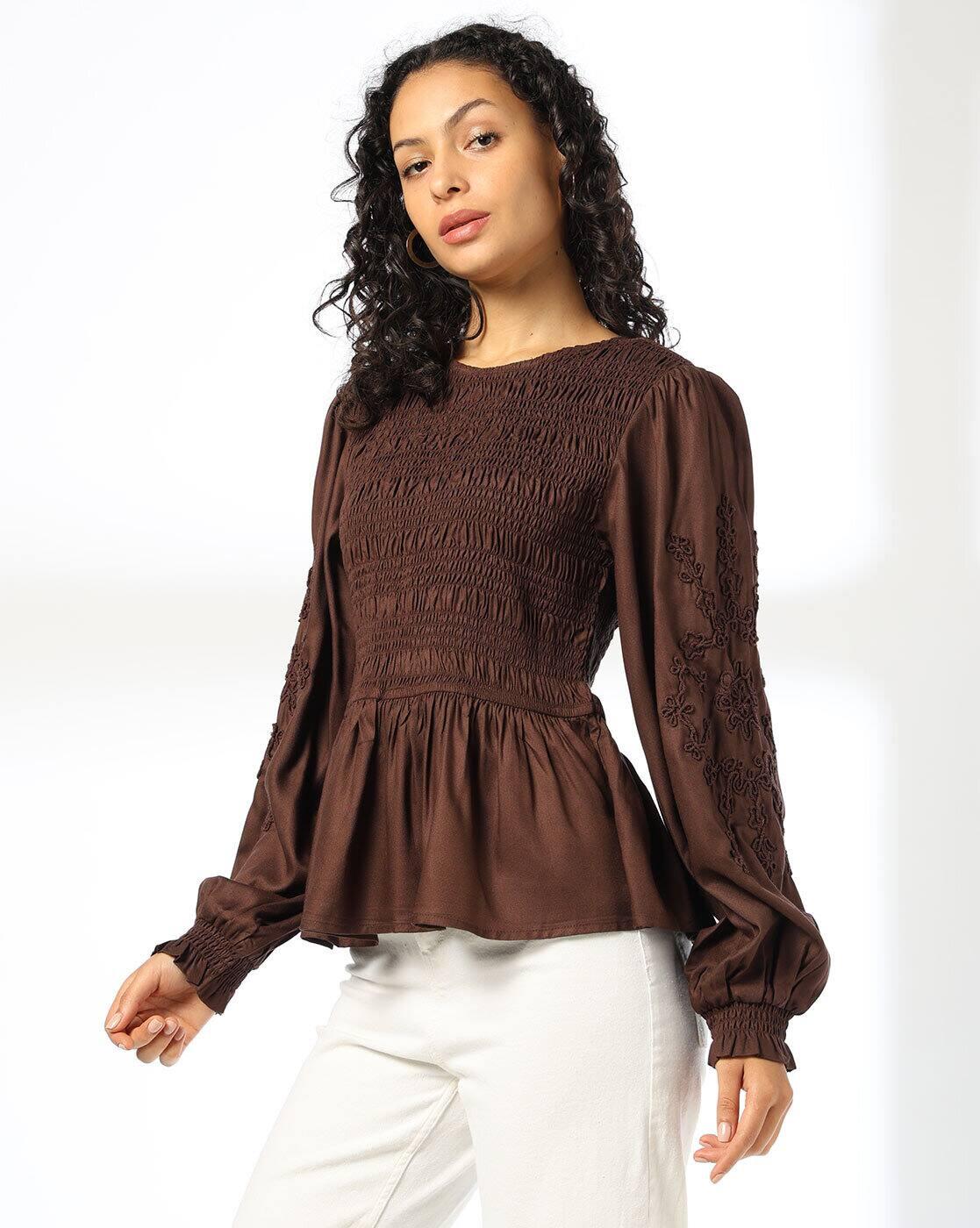 Smocked top with Chord Emb at, BROWN, S
