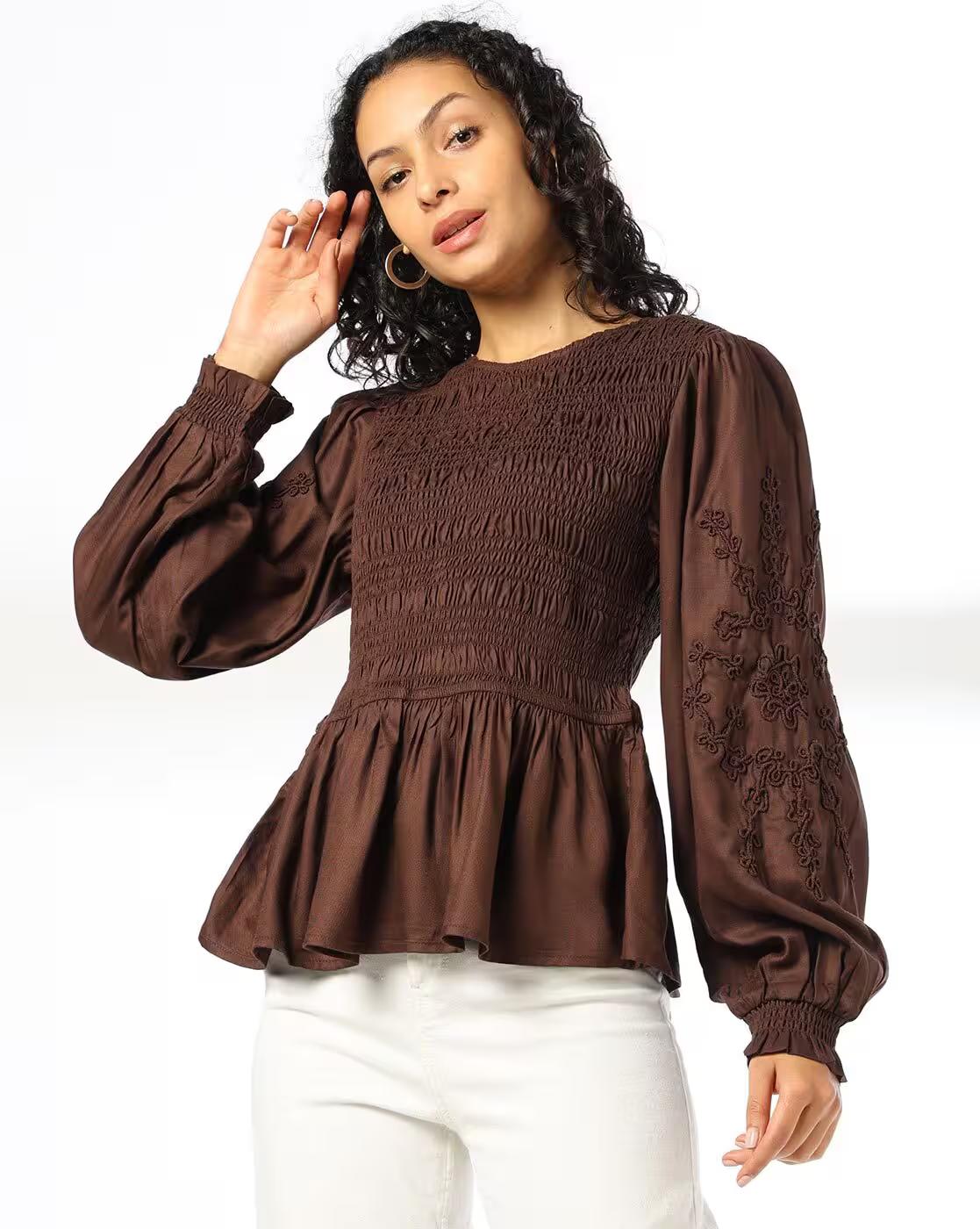 Smocked top with Chord Emb at, BROWN, S