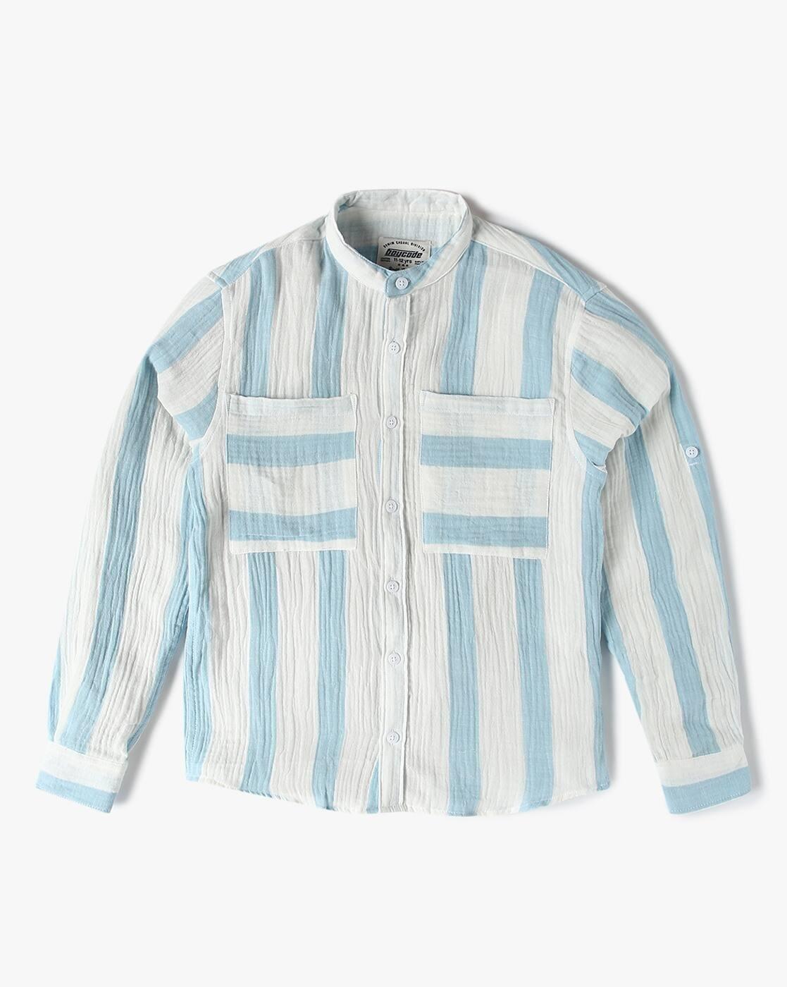 Boys Gauze Striped Regular Fit Shirt with Patch Pockets