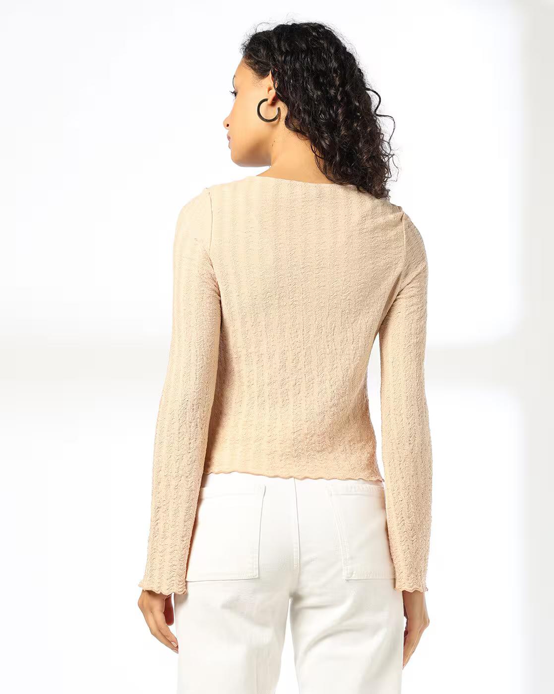V NECK BUTTON DOWN TOP, BEIGE, XS