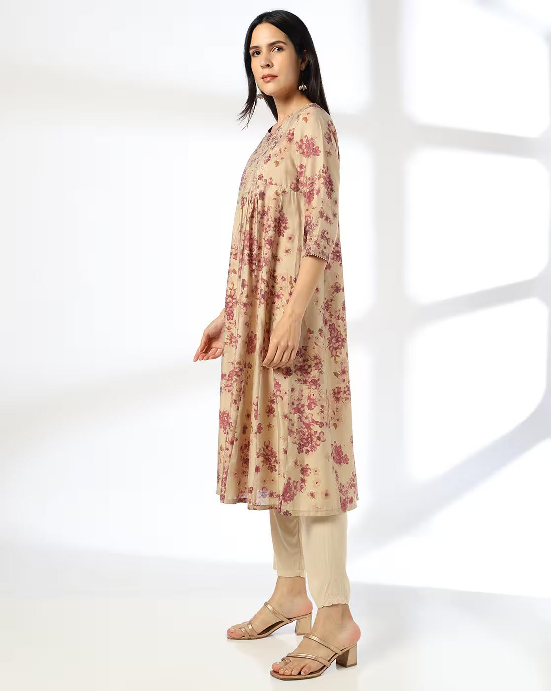 PRINTED FESTIVE KURTA, PEACH, XL