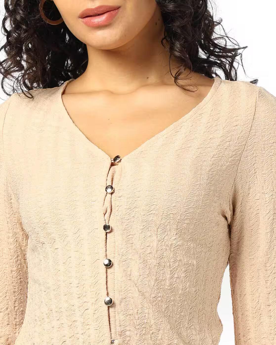 V NECK BUTTON DOWN TOP, BEIGE, XS