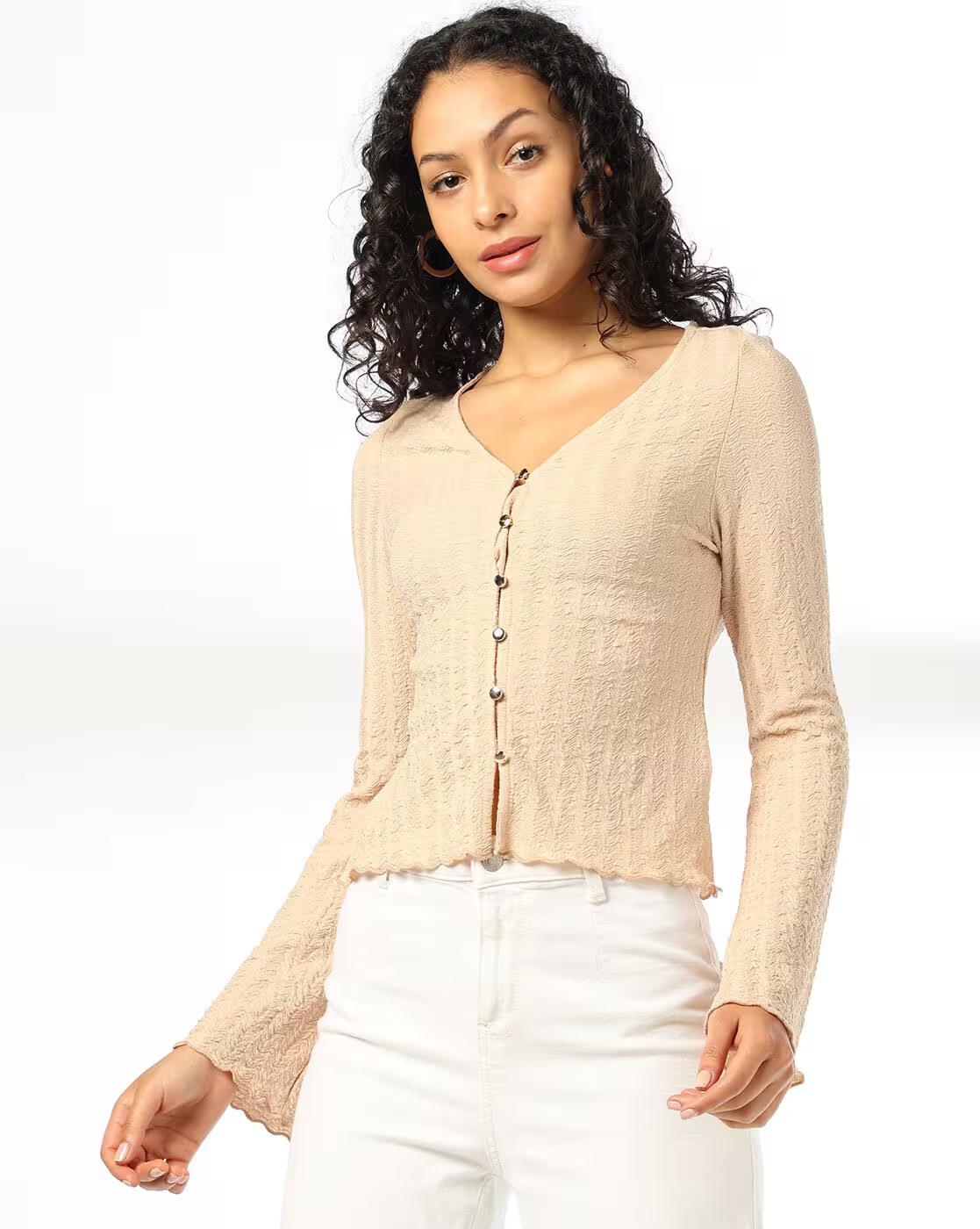 V NECK BUTTON DOWN TOP, BEIGE, XS
