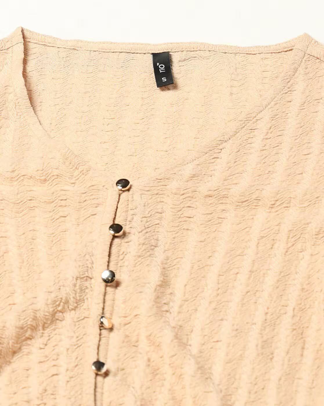 V NECK BUTTON DOWN TOP, BEIGE, XS