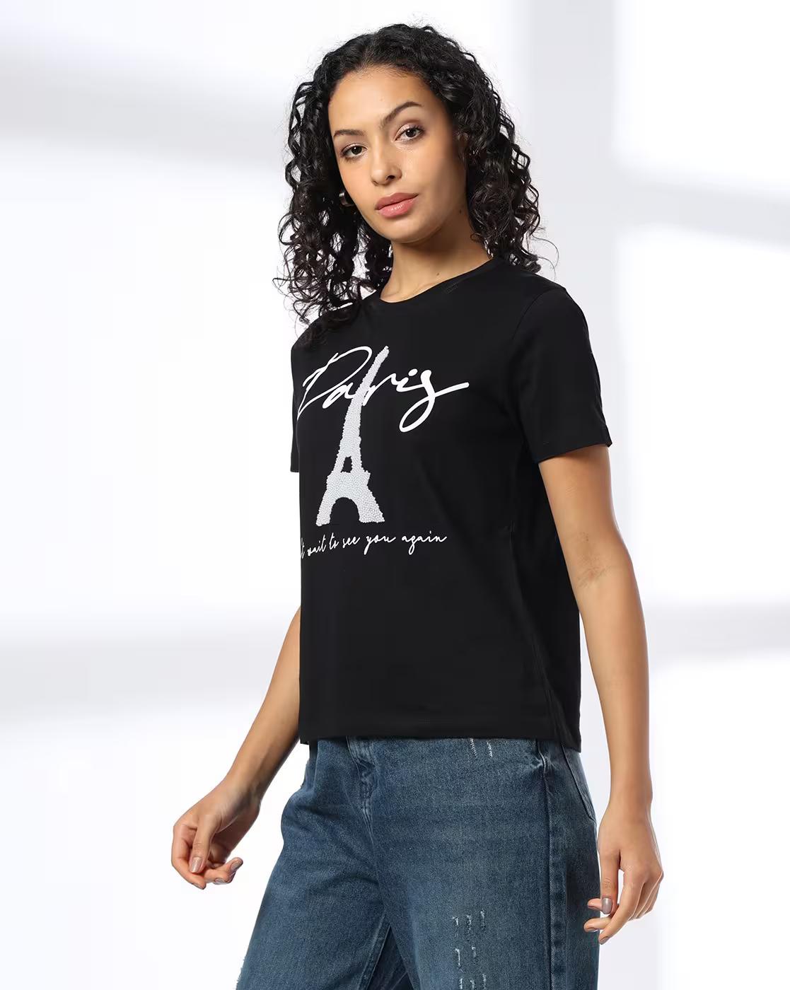 PARIS EMBELLISHED GRAPHIC TEE, BLACK, L