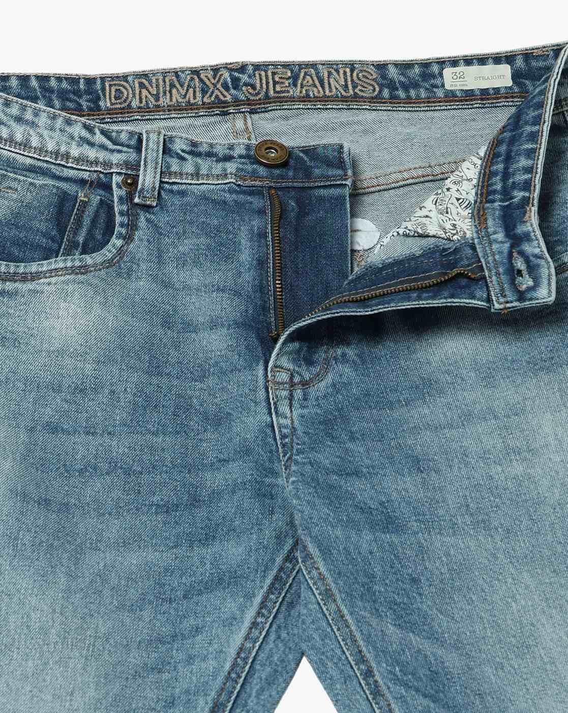 Men Heavily Washed Distressed Straight Jeans