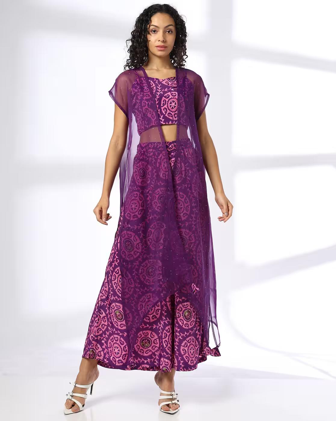 Women Printed 3 -Piece Set with Cape