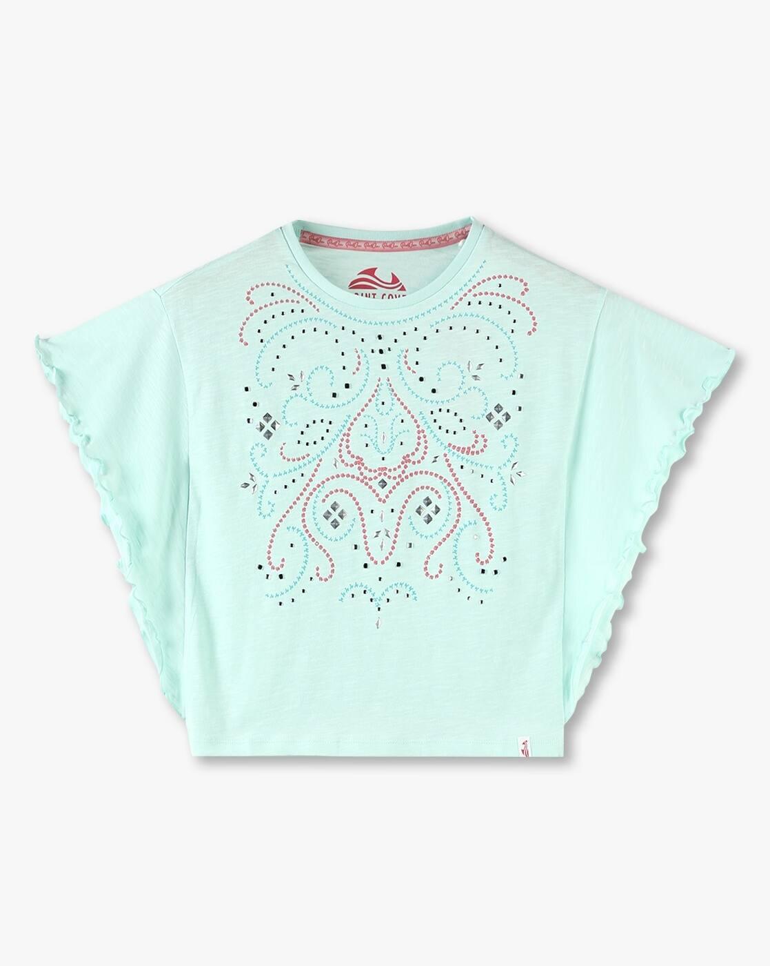 RUFFLE TEE-HS, AQUA, 5-6Y