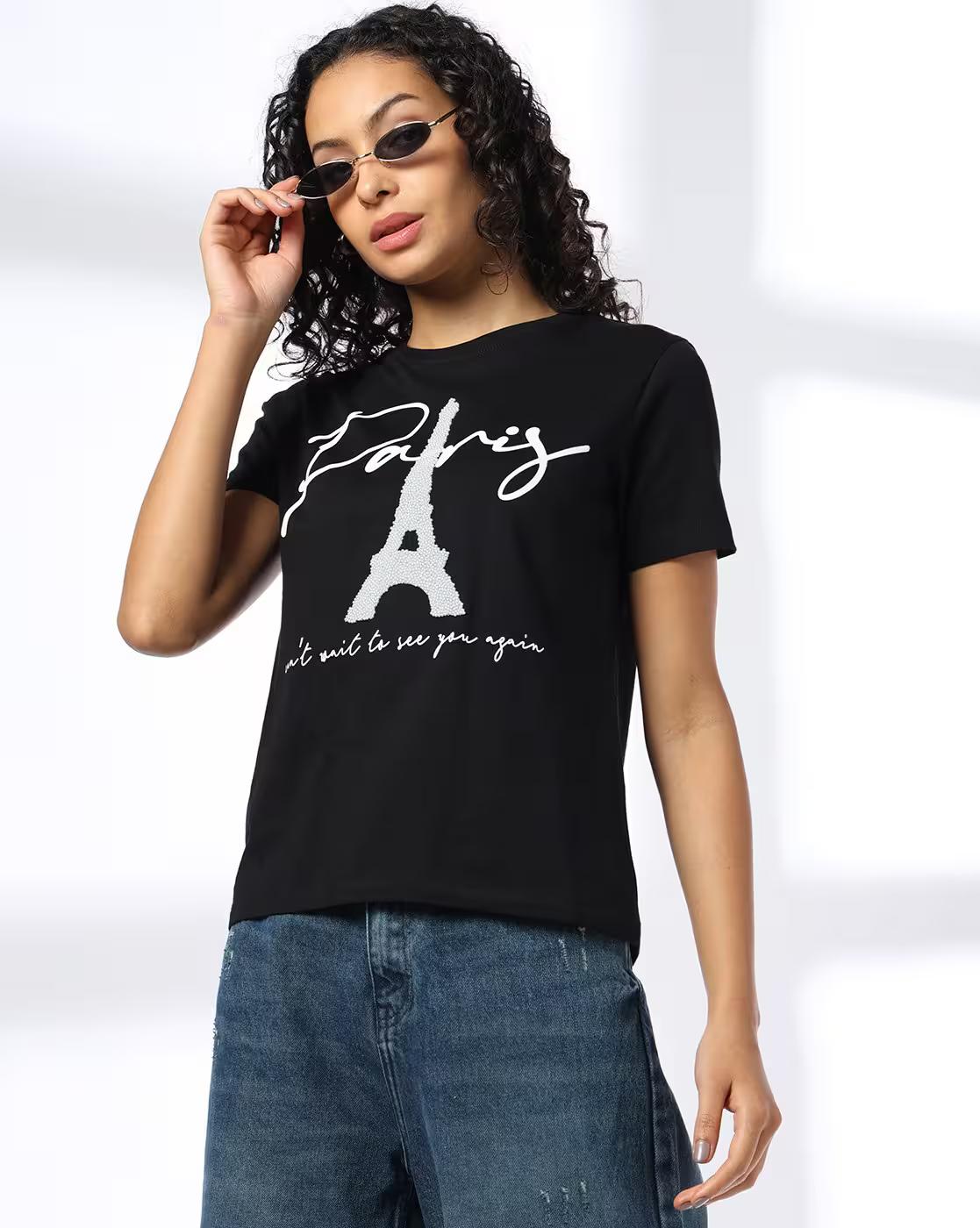 PARIS EMBELLISHED GRAPHIC TEE, BLACK, L