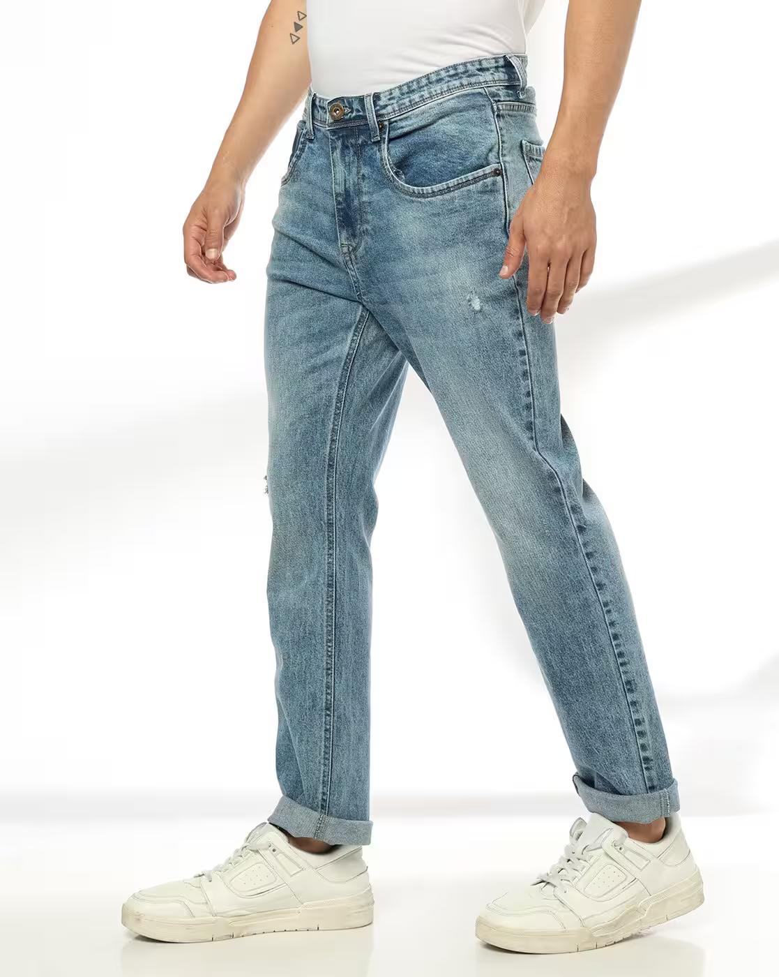 Men Heavily Washed Distressed Straight Jeans