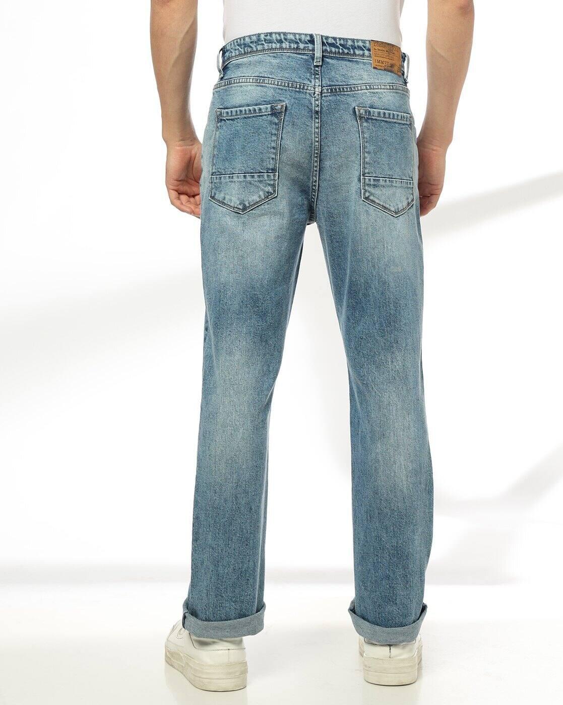 Men Heavily Washed Distressed Straight Jeans
