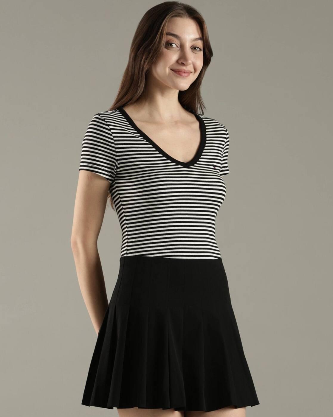 Women Striped V-Neck Fitted T-Shirt
