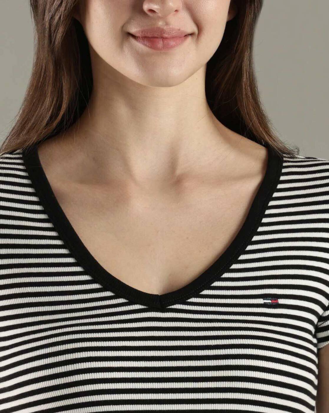 Women Striped V-Neck Fitted T-Shirt