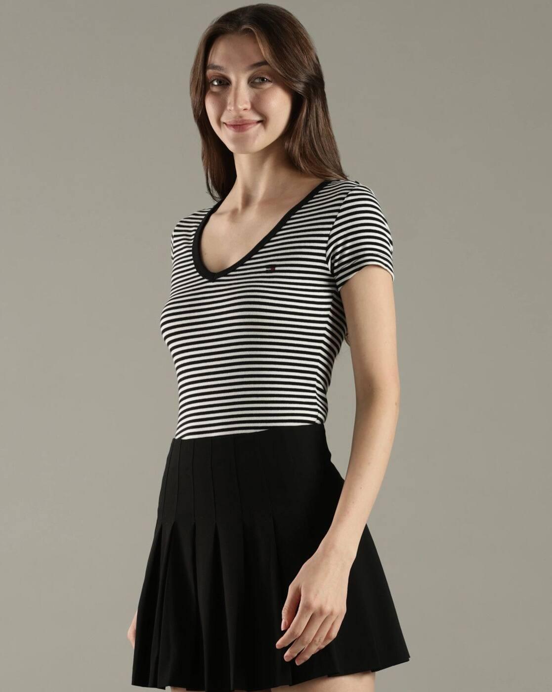 Women Striped V-Neck Fitted T-Shirt