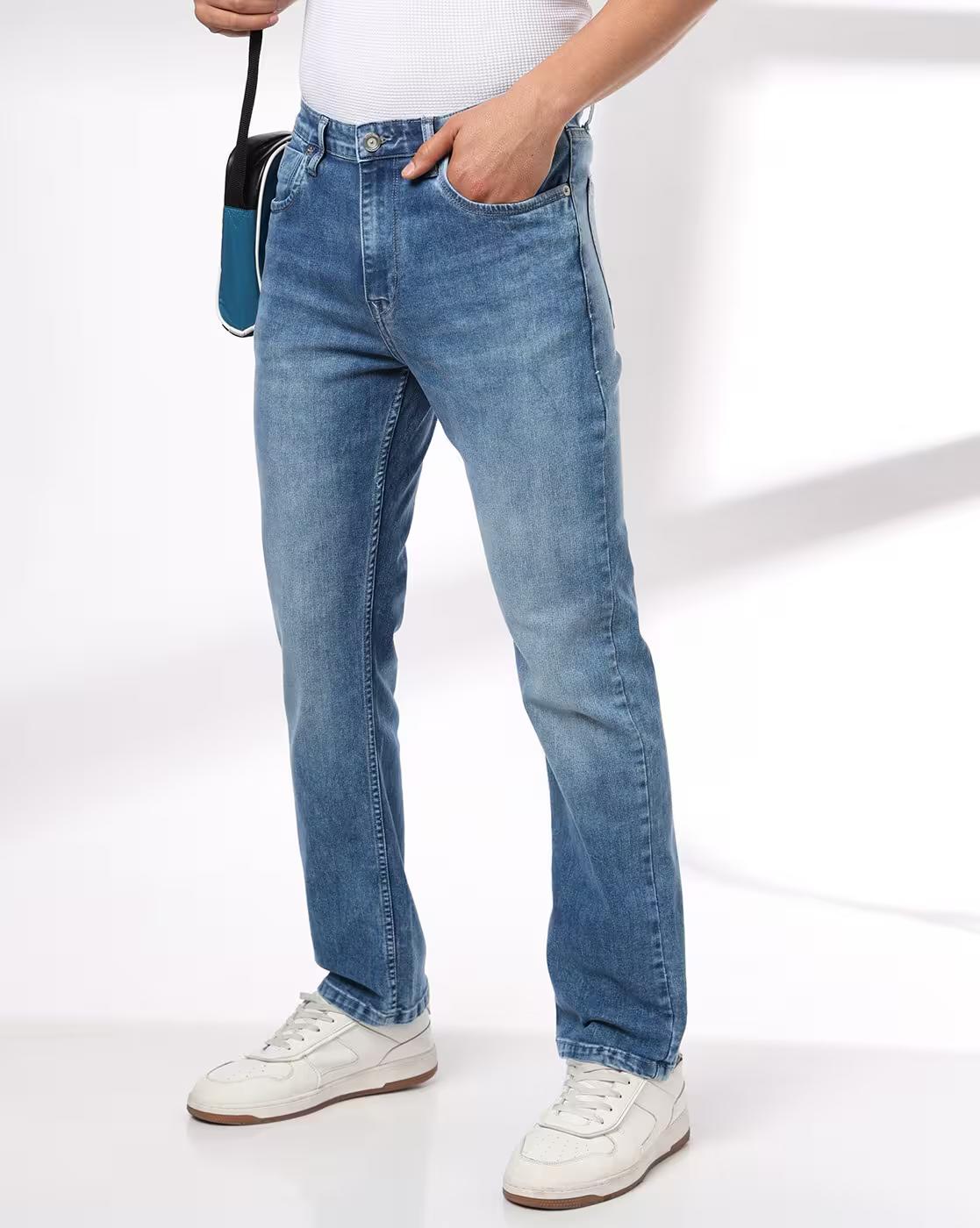 Men Lightly Washed Straight Jeans