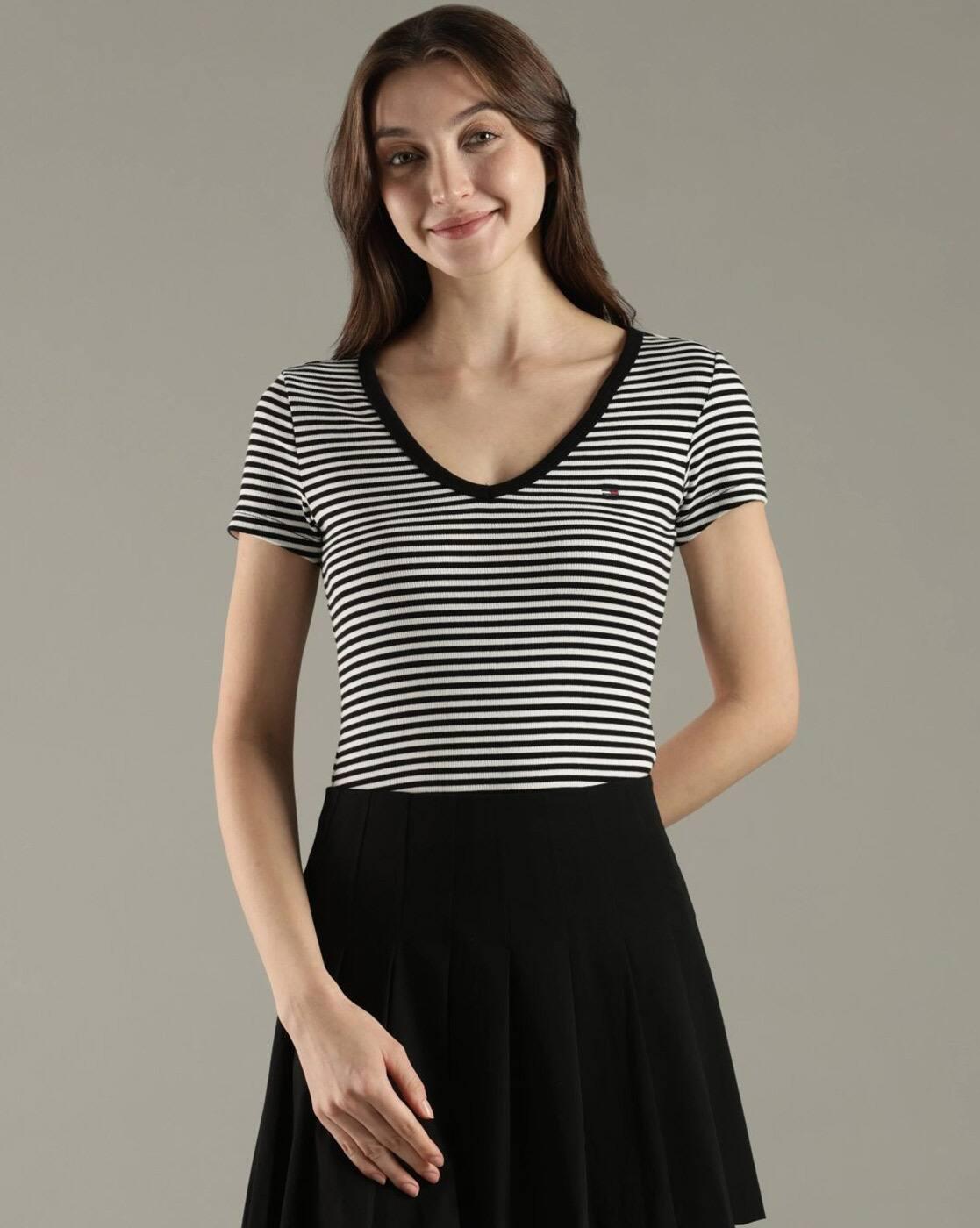 Women Striped V-Neck Fitted T-Shirt