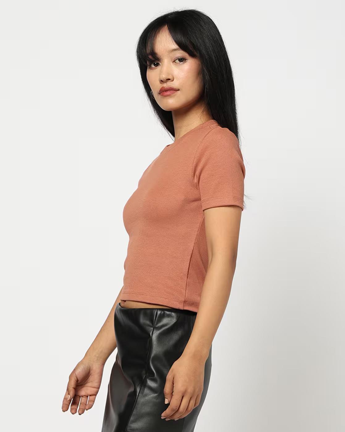 Women Ribbed Regular Fit Cotton Crew-Neck T-Shirt