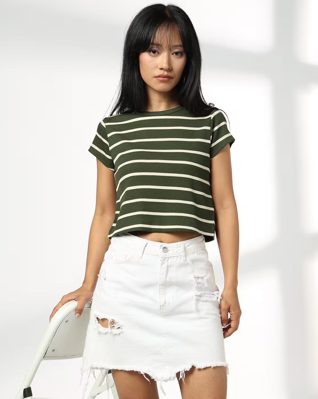 Women Striped Relaxed Fit Crew-Neck T-Shirt