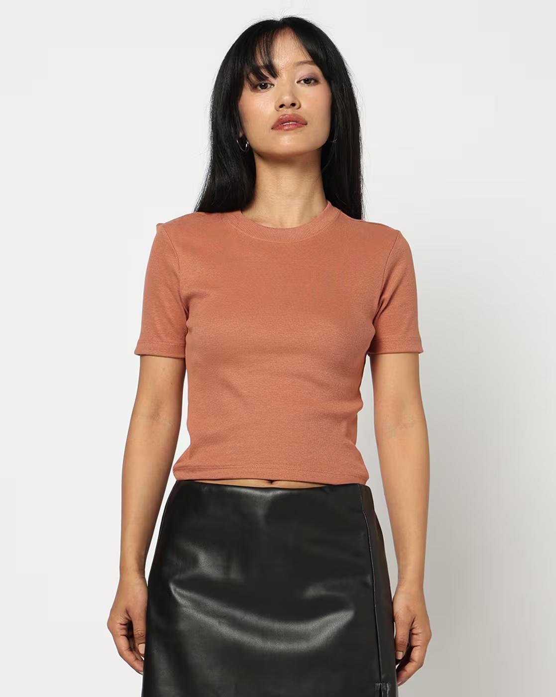 Women Ribbed Regular Fit Cotton Crew-Neck T-Shirt